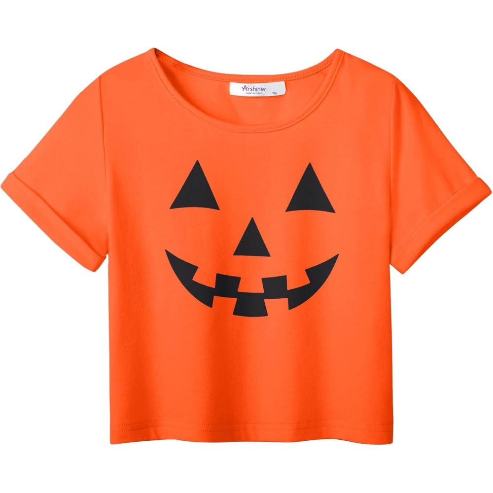 image:imageArshiner Girls Halloween Shirt Crop Top Short Sleeve Graphic T Shirt TeeOrange Pumpkin