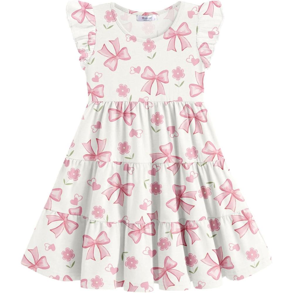image:imageArshiner Toddler Dress Girls Summer Ruffle Sleeve Tiered Swing Midi Casual Sundress with PocketsBow Pink