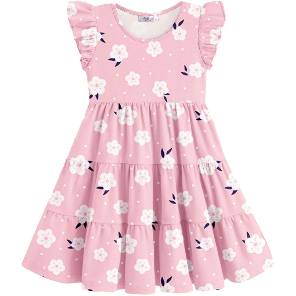 image:imageArshiner Toddler Dress Girls Summer Ruffle Sleeve Tiered Swing Midi Casual Sundress with PocketsFloral Pink