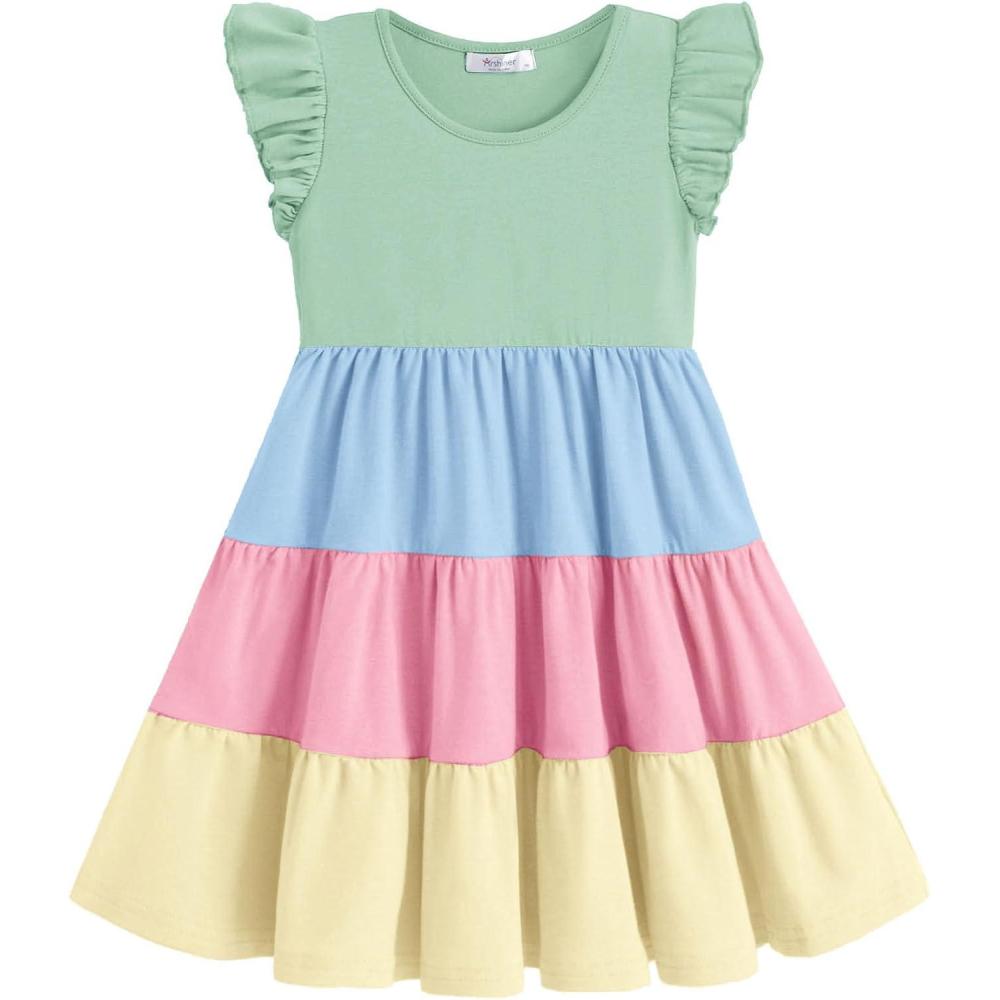 image:imageArshiner Toddler Dress Girls Summer Ruffle Sleeve Tiered Swing Midi Casual Sundress with PocketsGreen  Blue  Pink