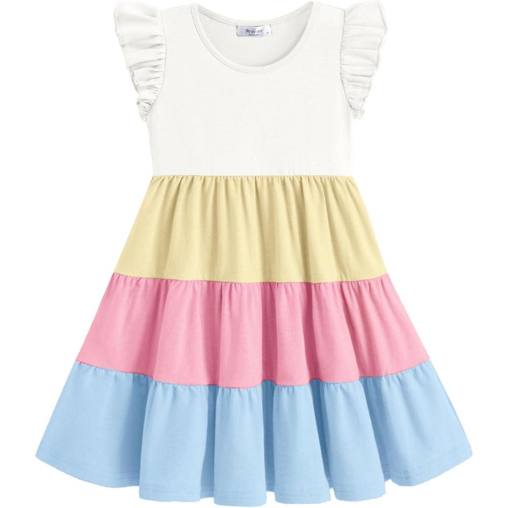 image:imageArshiner Toddler Dress Girls Summer Ruffle Sleeve Tiered Swing Midi Casual Sundress with PocketsWhite  Pink  Blue
