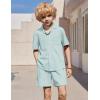 Arshiner Boys’ 2-Piece Ribbed Textured Outfits Short Sleeve Cuban Collar Shirt & Shorts Set Summer Beach Clothes 4-12 Years(Light Blue)