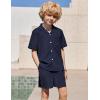 Arshiner Boys’ 2-Piece Ribbed Textured Outfits Short Sleeve Cuban Collar Shirt & Shorts Set Summer Beach Clothes 4-12 Years(Navy Blue)