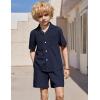 Arshiner Boys’ 2-Piece Ribbed Textured Outfits Short Sleeve Cuban Collar Shirt & Shorts Set Summer Beach Clothes 4-12 Years(Navy Blue)