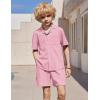 Arshiner Boys’ 2-Piece Ribbed Textured Outfits Short Sleeve Cuban Collar Shirt & Shorts Set Summer Beach Clothes 4-12 Years(Pink)