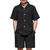 Arshiner Boys’ 2-Piece Ribbed Textured Outfits Short Sleeve Cuban Collar Shirt & Shorts Set Summer Beach Clothes 4-12 Years(Black)