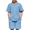 Arshiner Boys’ 2-Piece Ribbed Textured Outfits Short Sleeve Cuban Collar Shirt & Shorts Set Summer Beach Clothes 4-12 Years(Blue)