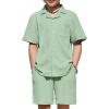 Arshiner Boys’ 2-Piece Ribbed Textured Outfits Short Sleeve Cuban Collar Shirt & Shorts Set Summer Beach Clothes 4-12 Years(Green)
