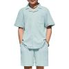 Arshiner Boys’ 2-Piece Ribbed Textured Outfits Short Sleeve Cuban Collar Shirt & Shorts Set Summer Beach Clothes 4-12 Years(Light Blue)