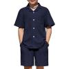 Arshiner Boys’ 2-Piece Ribbed Textured Outfits Short Sleeve Cuban Collar Shirt & Shorts Set Summer Beach Clothes 4-12 Years(Navy Blue)