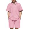 Arshiner Boys’ 2-Piece Ribbed Textured Outfits Short Sleeve Cuban Collar Shirt & Shorts Set Summer Beach Clothes 4-12 Years(Pink)