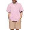 Arshiner Boys’ 2-Piece Ribbed Textured Outfits Short Sleeve Cuban Collar Shirt & Shorts Set Summer Beach Clothes 4-12 Years(Pink Stripes)