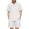 Arshiner Boys’ 2-Piece Ribbed Textured Outfits Short Sleeve Cuban Collar Shirt & Shorts Set Summer Beach Clothes 4-12 Years(White)