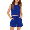 Arshiner Girls 2 Piece Outfits Summer Short Sets Crewneck Sleeveless Knit Tops and Shorts with Pockets Athletic Clothing Set(Dark Blue)