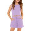 Arshiner Girls 2 Piece Outfits Summer Short Sets Crewneck Sleeveless Knit Tops and Shorts with Pockets Athletic Clothing Set(Light Purple)