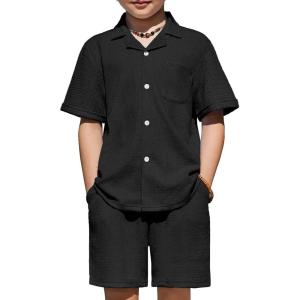 Arshiner Boys’ 2-Piece Ribbed Textured Outfits Short Sleeve Cuban Collar Shirt & Shorts Set Summer Beach Clothes 4-12 Years(Black)