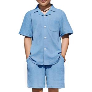Arshiner Boys’ 2-Piece Ribbed Textured Outfits Short Sleeve Cuban Collar Shirt & Shorts Set Summer Beach Clothes 4-12 Years(Blue)