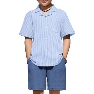 Arshiner Boys’ 2-Piece Ribbed Textured Outfits Short Sleeve Cuban Collar Shirt & Shorts Set Summer Beach Clothes 4-12 Years(Blue Stripes)