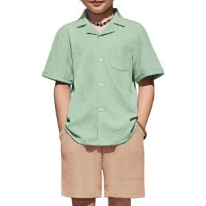 Arshiner Boys’ 2-Piece Ribbed Textured Outfits Short Sleeve Cuban Collar Shirt & Shorts Set Summer Beach Clothes 4-12 Years(Green & Light Khaki)