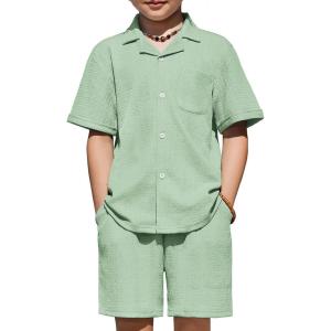 Arshiner Boys’ 2-Piece Ribbed Textured Outfits Short Sleeve Cuban Collar Shirt & Shorts Set Summer Beach Clothes 4-12 Years(Green)