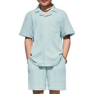 Arshiner Boys’ 2-Piece Ribbed Textured Outfits Short Sleeve Cuban Collar Shirt & Shorts Set Summer Beach Clothes 4-12 Years(Light Blue)