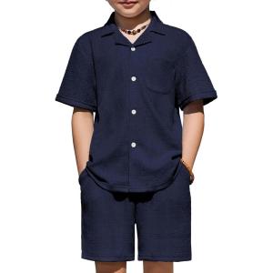 Arshiner Boys’ 2-Piece Ribbed Textured Outfits Short Sleeve Cuban Collar Shirt & Shorts Set Summer Beach Clothes 4-12 Years(Navy Blue)