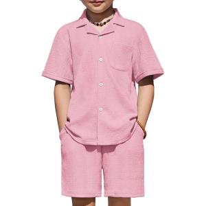 Arshiner Boys’ 2-Piece Ribbed Textured Outfits Short Sleeve Cuban Collar Shirt & Shorts Set Summer Beach Clothes 4-12 Years(Pink)