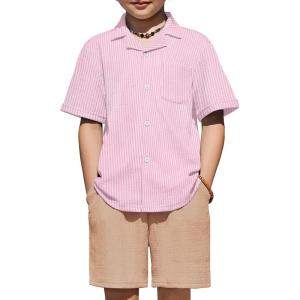 Arshiner Boys’ 2-Piece Ribbed Textured Outfits Short Sleeve Cuban Collar Shirt & Shorts Set Summer Beach Clothes 4-12 Years(Pink Stripes)