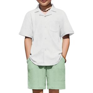 Arshiner Boys’ 2-Piece Ribbed Textured Outfits Short Sleeve Cuban Collar Shirt & Shorts Set Summer Beach Clothes 4-12 Years(White & Green)