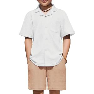 Arshiner Boys’ 2-Piece Ribbed Textured Outfits Short Sleeve Cuban Collar Shirt & Shorts Set Summer Beach Clothes 4-12 Years(White & Light Khaki)