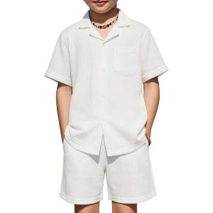 Arshiner Boys’ 2-Piece Ribbed Textured Outfits Short Sleeve Cuban Collar Shirt & Shorts Set Summer Beach Clothes 4-12 Years(White)