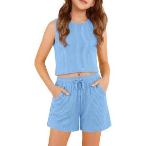 Arshiner Girls 2 Piece Outfits Summer Short Sets Crewneck Sleeveless Knit Tops and Shorts with Pockets Athletic Clothing Set(Light Blue)