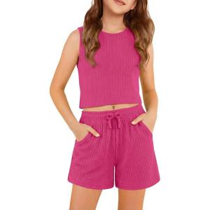 Arshiner Girls 2 Piece Outfits Summer Short Sets Crewneck Sleeveless Knit Tops and Shorts with Pockets Athletic Clothing Set(Rose Red)