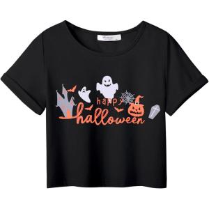 Arshiner Girls Halloween Shirt Crop Top Short Sleeve Graphic T Shirt Tee(Black Ghost)