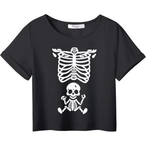 Arshiner Girls Halloween Shirt Crop Top Short Sleeve Graphic T Shirt Tee(Black Skeleton)
