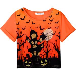 Arshiner Girls Halloween Shirt Crop Top Short Sleeve Graphic T Shirt Tee(Orange Castle)