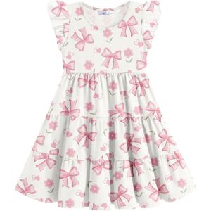 Arshiner Toddler Dress Girls Summer Ruffle Sleeve Tiered Swing Midi Casual Sundress with Pockets(Bow Pink)
