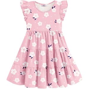 Arshiner Toddler Dress Girls Summer Ruffle Sleeve Tiered Swing Midi Casual Sundress with Pockets(Floral Pink)