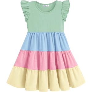 Arshiner Toddler Dress Girls Summer Ruffle Sleeve Tiered Swing Midi Casual Sundress with Pockets(Green & Blue & Pink)