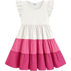 Arshiner Toddler Dress Girls Summer Ruffle Sleeve Tiered Swing Midi Casual Sundress with Pockets(White & Hot Pink)
