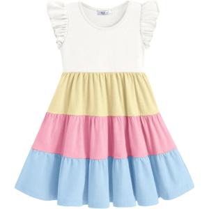 Arshiner Toddler Dress Girls Summer Ruffle Sleeve Tiered Swing Midi Casual Sundress with Pockets(White & Pink & Blue)