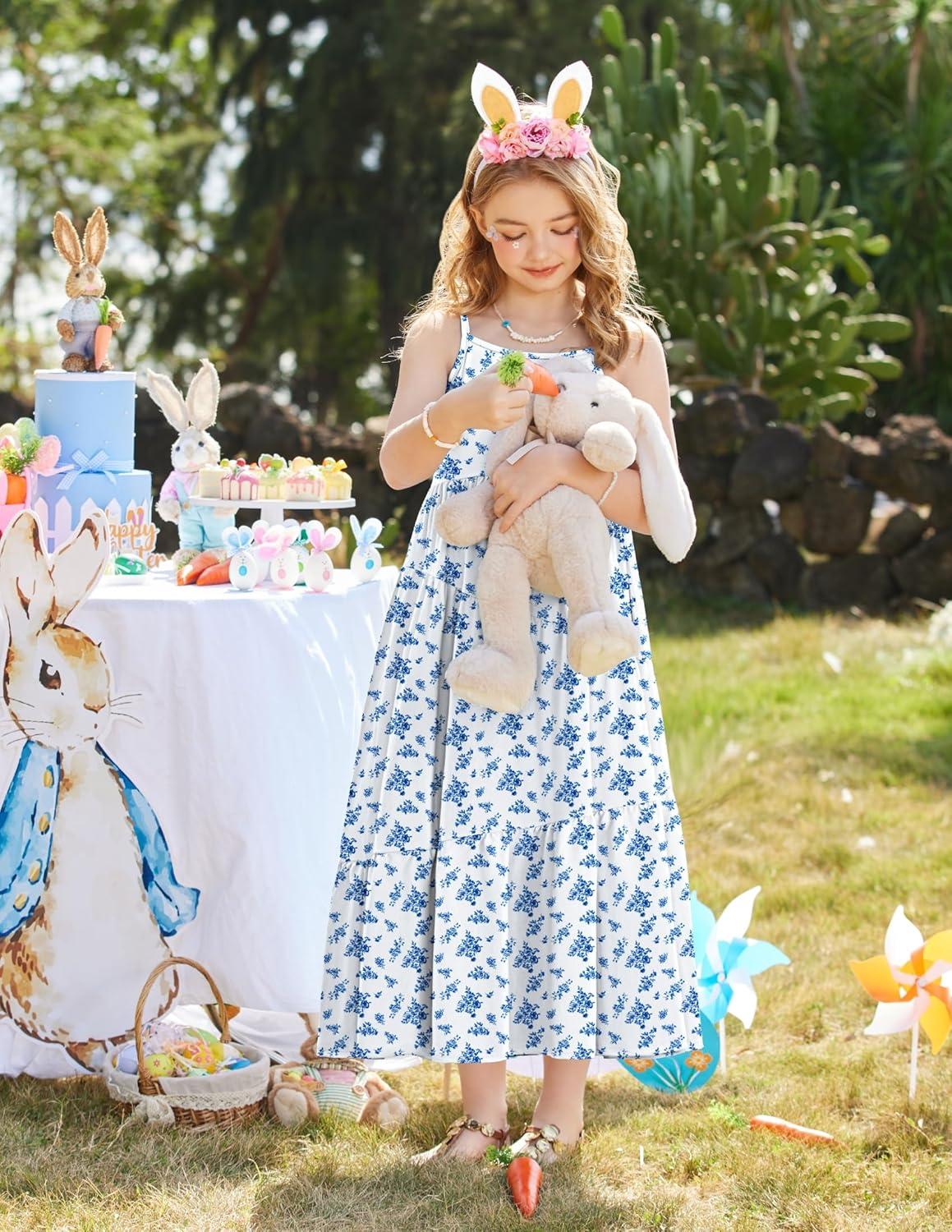 image:imageArshiner Girls Summer Dress Casual Loose Sleeveless Sundress Flowy Beach Maxi Dresses with PocketsBlue Flower