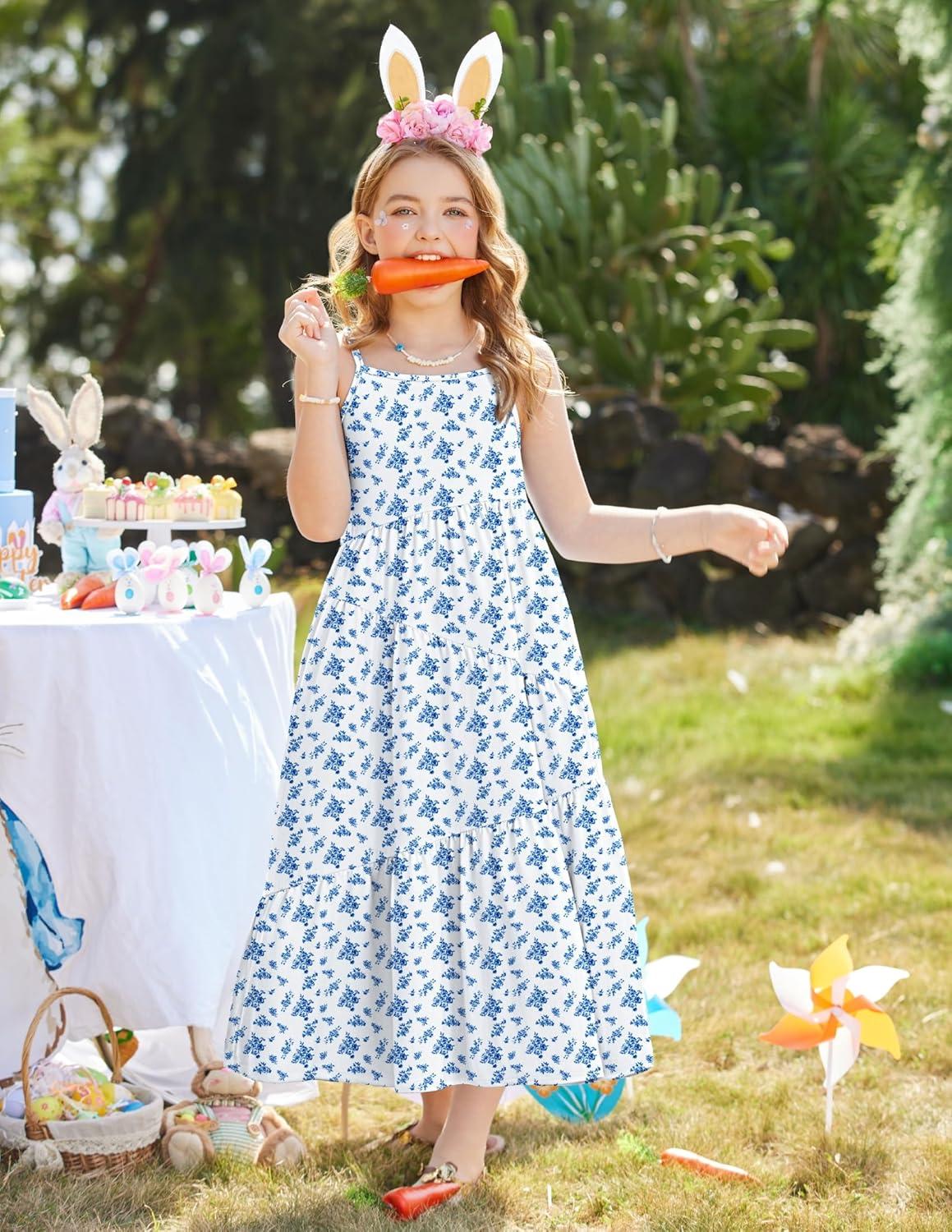 image:imageArshiner Girls Summer Dress Casual Loose Sleeveless Sundress Flowy Beach Maxi Dresses with PocketsBlue Flower