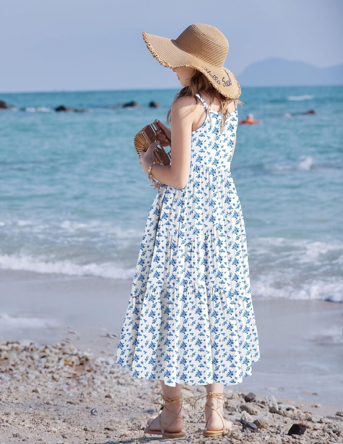 image:imageArshiner Girls Summer Dress Casual Loose Sleeveless Sundress Flowy Beach Maxi Dresses with PocketsBlue Flower