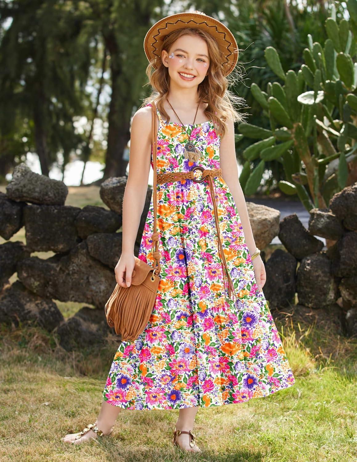 image:imageArshiner Girls Summer Dress Casual Loose Sleeveless Sundress Flowy Beach Maxi Dresses with PocketsColorful Flower