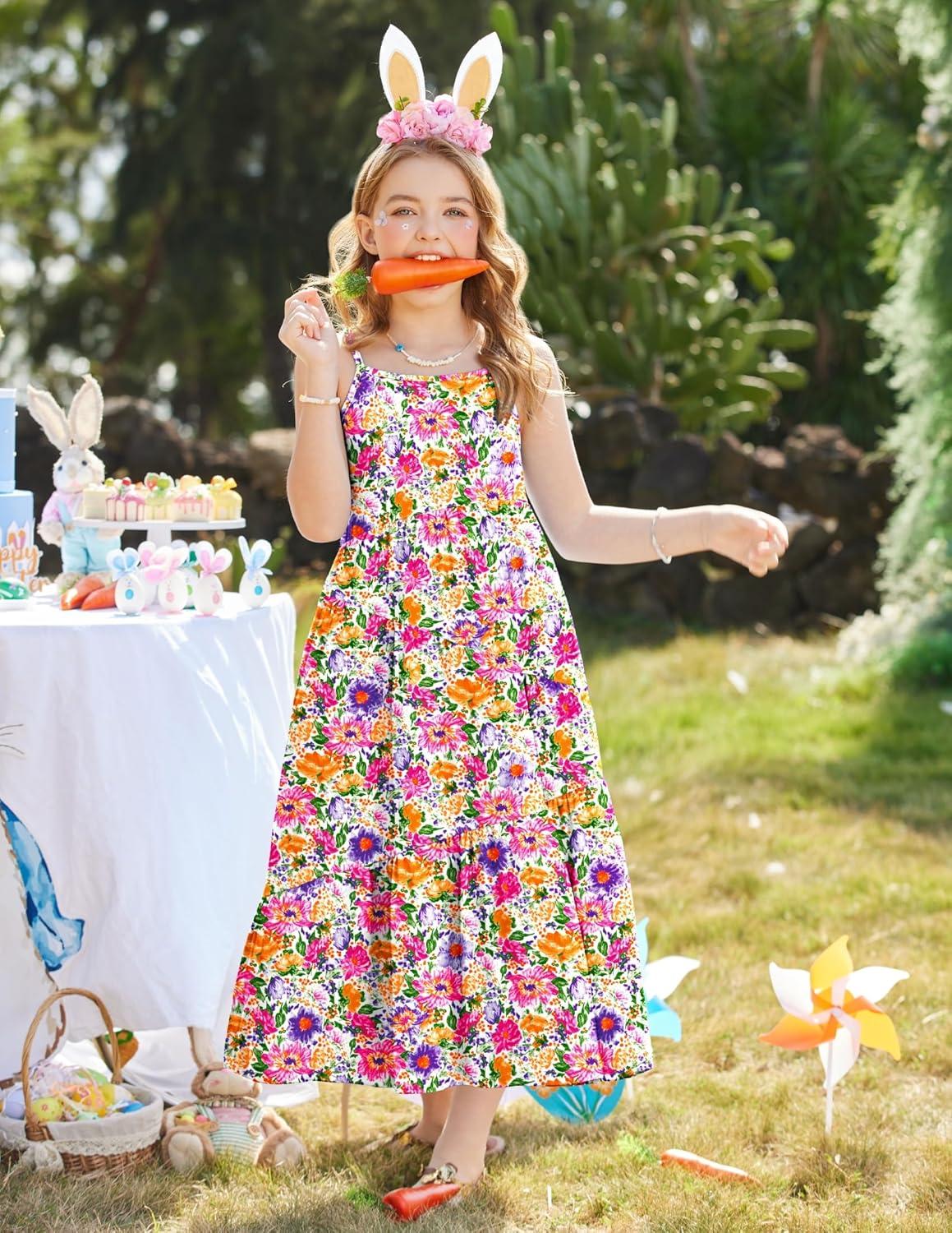 image:imageArshiner Girls Summer Dress Casual Loose Sleeveless Sundress Flowy Beach Maxi Dresses with PocketsColorful Flower