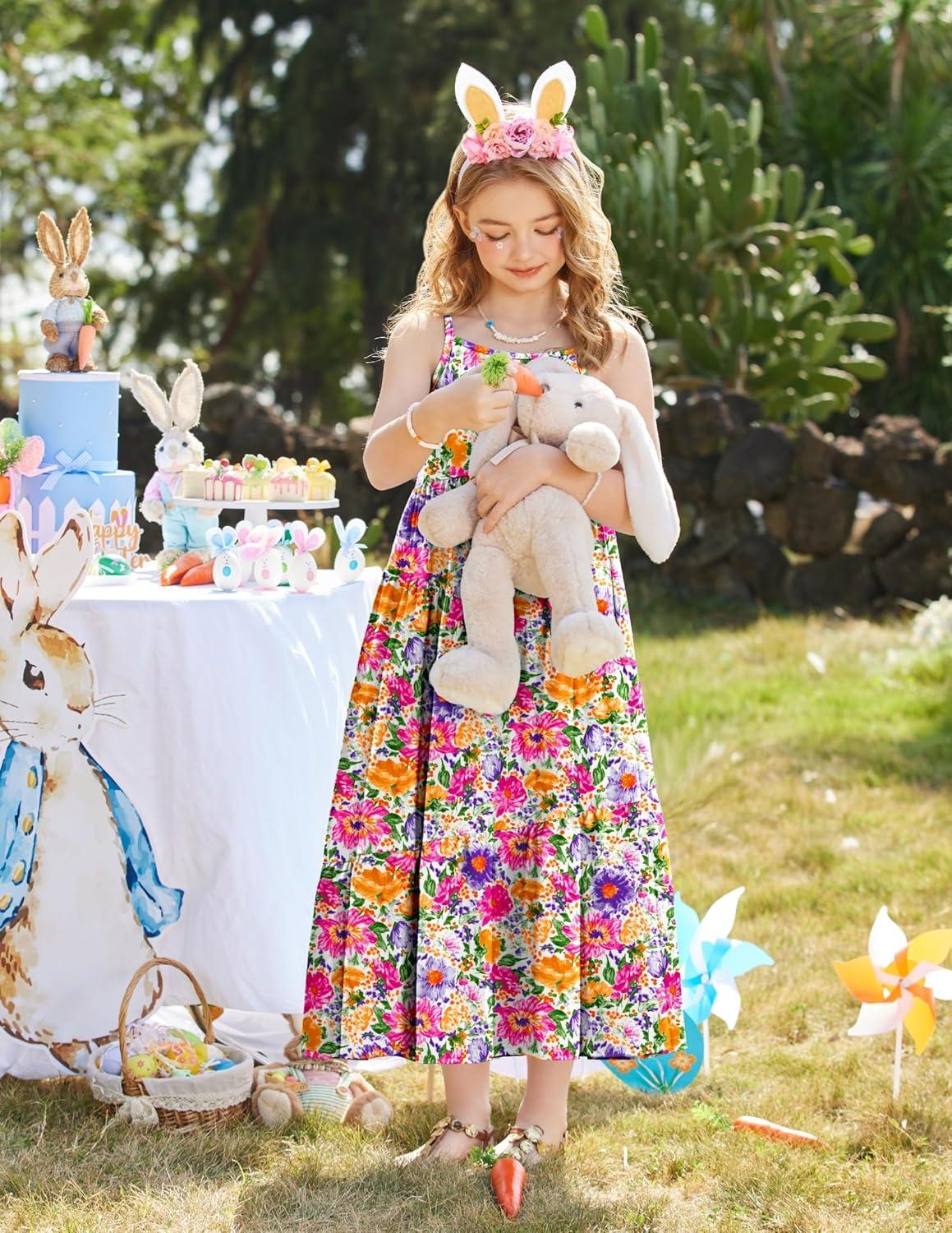 image:imageArshiner Girls Summer Dress Casual Loose Sleeveless Sundress Flowy Beach Maxi Dresses with PocketsColorful Flower