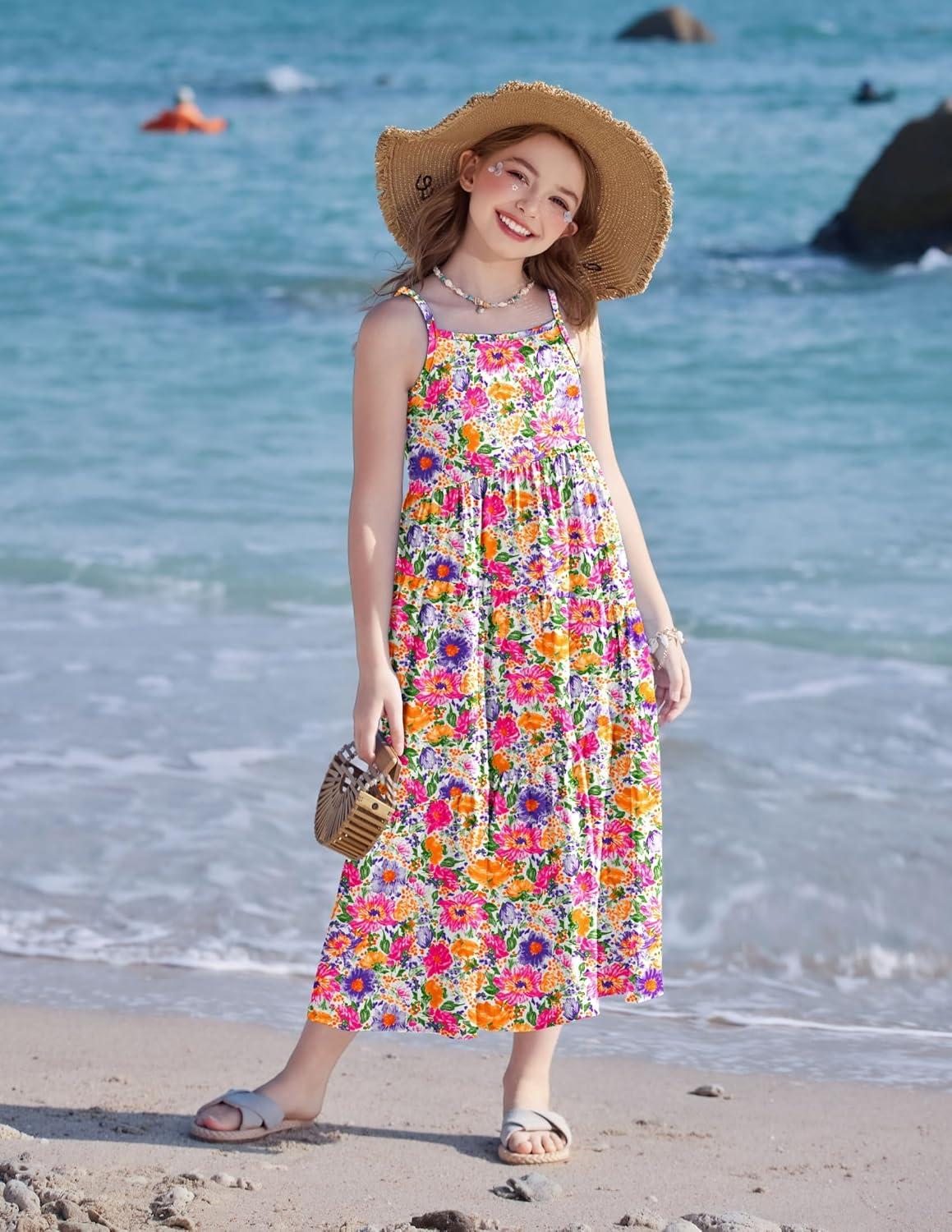image:imageArshiner Girls Summer Dress Casual Loose Sleeveless Sundress Flowy Beach Maxi Dresses with PocketsColorful Flower