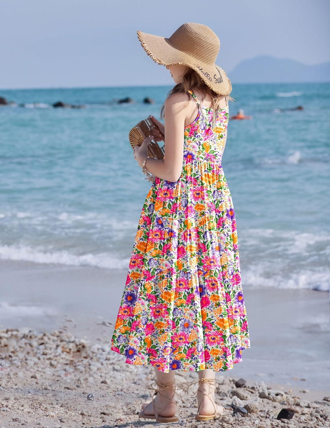 image:imageArshiner Girls Summer Dress Casual Loose Sleeveless Sundress Flowy Beach Maxi Dresses with PocketsColorful Flower