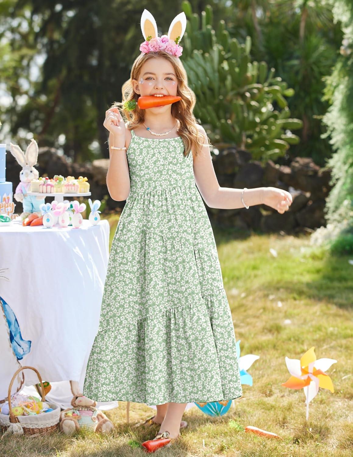 image:imageArshiner Girls Summer Dress Casual Loose Sleeveless Sundress Flowy Beach Maxi Dresses with PocketsGreen Flower